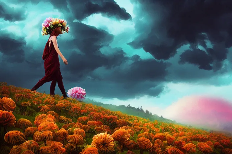 Image similar to giant dahlia flower crown under head, girl walking on mountain, surreal photography, blue storm clouds, dramatic light, impressionist painting, digital painting, artstation, simon stalenhag