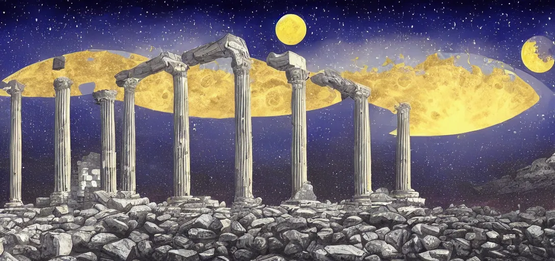 Image similar to The ruins of the Silver Millennium on the moon from Sailor Moon, digital painting, Earth in the distance, Greek-esque columns and ruins