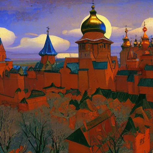 Image similar to photo beautiful magical ancient Slavic Russian city of Kitezh, fisheye lens, painting by Viktor Vasnetsov, painting by Nicholas Roerich, concept art, magical city, fantasy cityscape, ancient Slavs, wooden buildings, ancient Russian architecture, terem, hyperborea, top cinematic lighting , cinematic mood, very detailed, 8k, high resolution, trending on artstation, artstationHD,