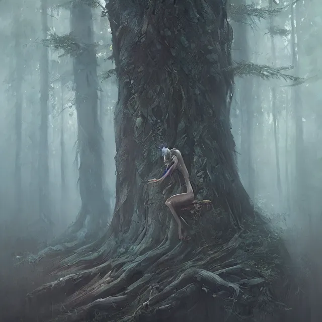Image similar to a painting of a forest spirit by greg rutkowski, dark fantasy art, high detail, trending on artstation
