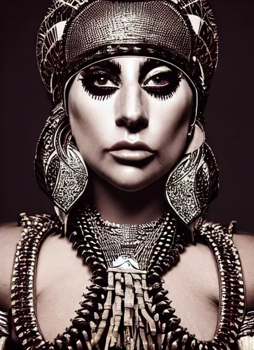 Image similar to lady gaga as a tribal woman, intricate, cinematic lighting, highly detailed, canon 3 5 mm photography, horizontal symmetry, smooth, sharp focus