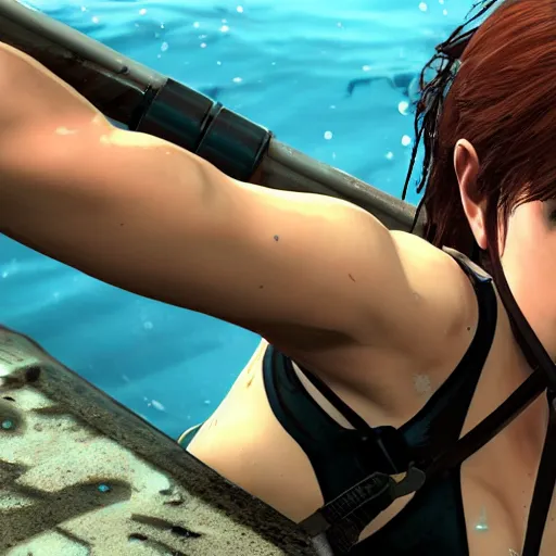 Prompt: quiet from metal gear solid v, swimming, wet, shark nearby