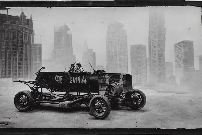 Prompt: cyberpunk 1 9 0 3 stanley steamer racecar by paul lehr, metropolis, view over city, vintage film photo, damaged photo, scratched photo, scanned in, old photobook, silent movie, black and white photo