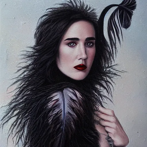 Image similar to detailed realistic oil painting youthful young jennifer connelly with black feathers instead of hair, dark fae, black lips, gray mottled skin, feathers growing out of skin, feathers growing from arms, black hands with long black claws, pale and sickly, profile view, gothic