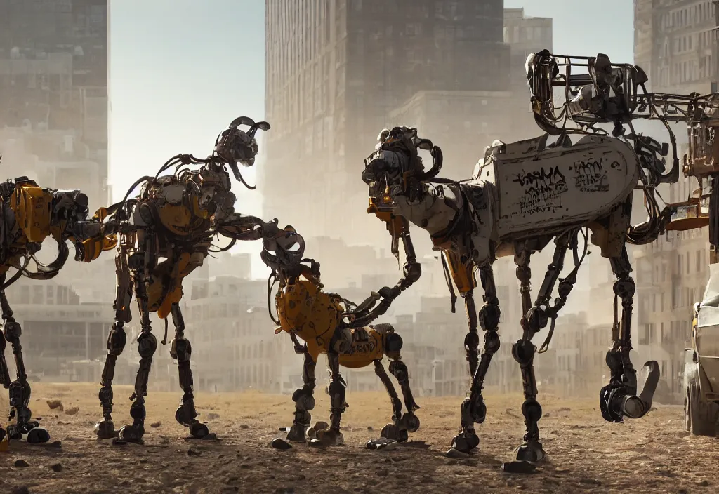 Image similar to accidentally wes anderson award - winning photograph of boston dynamics robots eating breakfast and drinking coffee, epic battlescene, 4 k, detailed, art by greg rutkowsky, trending on artstation, cinematic lighting, filmic grain, golden hour, detailed, 4 k