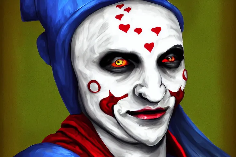 Image similar to medieval jester, sinister, digital art, painting, portrait,