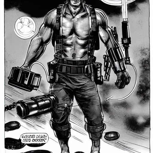 Prompt: muscular man, black vest with no shirt underneath, goggles around his neck, cargo pants, ammo belt, holding a blaster, star wars, long black hair in a ponytail, five o' clock shadow, comic book art, distance shot