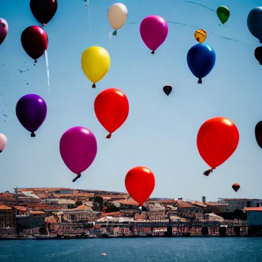 Image similar to photo of a lot of birthday balloons floating above a beautiful maritime port. sharp focus, highly - detailed, award - winning, epic cinematic