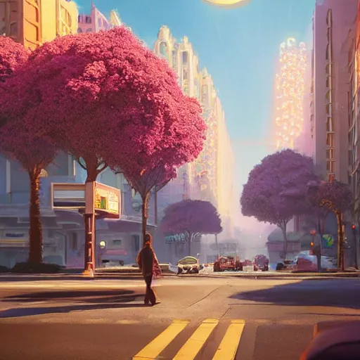Prompt: an art deco cityscape with flowers lining the street. incredible voluminous indirect soft glow cinematic lighting, hyperdetailed features, movie still, intricate, octane render, unreal engine, crepuscular rays, god rays, by beeple and rhads and donato giancola