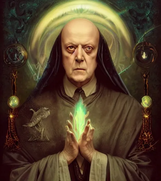 Image similar to A Magical Portrait of Aleister Crowley as the Great Mage of Thelema, art by Tom Bagshaw and Keith Parkinson and Daniel Dos Santos