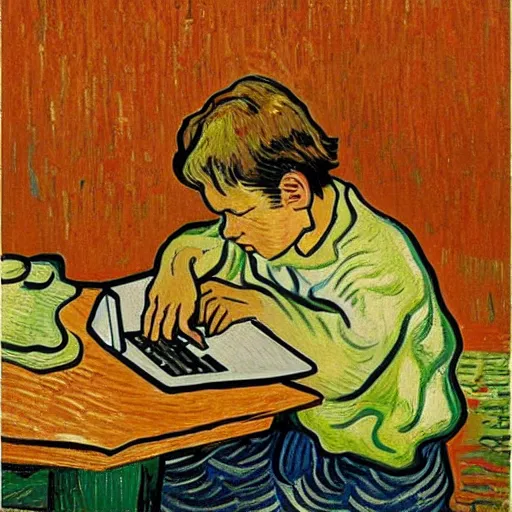 Prompt: a boy desperately typing on a laptop keyboard, frustrated, visibly angry, in the style of Van Gogh