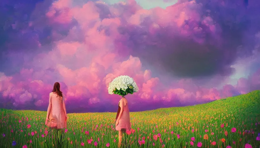 Prompt: girl with a large flower instead of face, surreal photography, dream, standing in flower field, hills, big trees, sunrise dramatic light, impressionist painting, colorful clouds, digital painting, pointillism, artstation, simon stalenhag, flower face