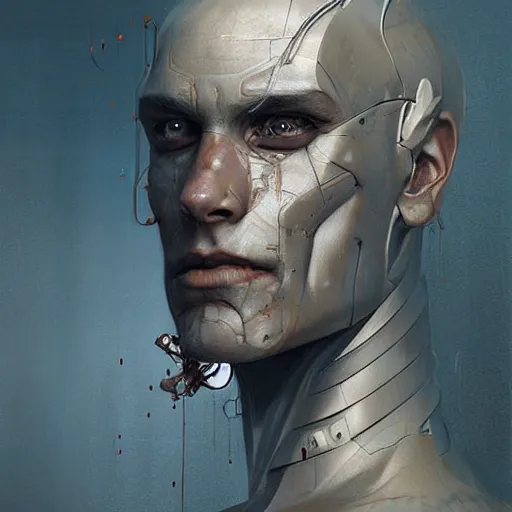 Image similar to portrait of a half human half robot man,digital art,realistic,detailed,art by greg rutkowski,menacing