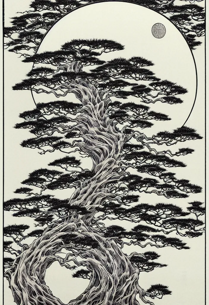 Image similar to prompt: white Bonsai tree roots holding and merging into big moon drawn by Takato Yamamoto, Japanese woodblock print style, white moon and black background, clean ink detailed line drawing, intricate detail, manga 1990