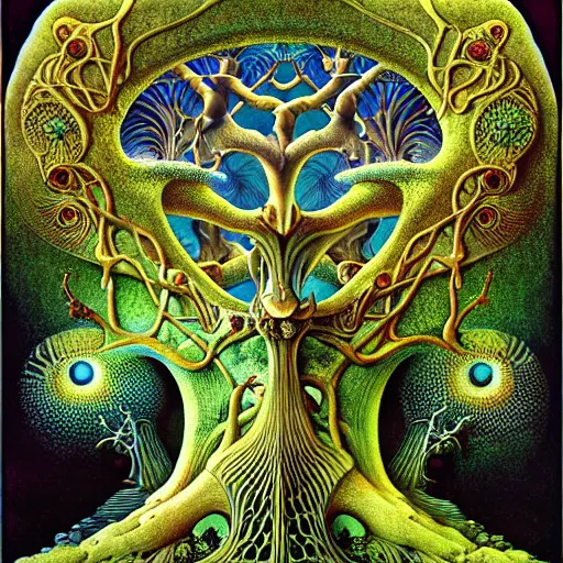 Image similar to sacred mulberry tree by roger dean and andrew ferez, art forms of nature by ernst haeckel, divine chaos engine, symbolist, visionary, art nouveau, botanical fractal structures, organic, detailed, realistic, surreality