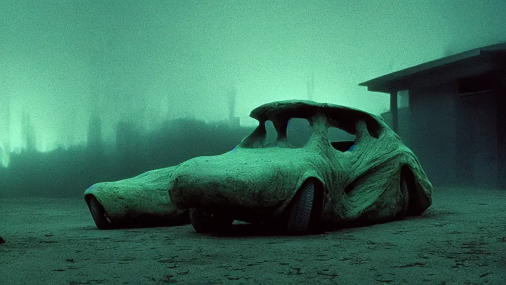 Prompt: the car made of glowing wax, film still from the movie directed by Denis Villeneuve and David Cronenberg with art direction by Zdzisław Beksiński, wide lens