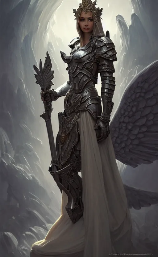 Image similar to angel, full armor cloth, full body portrait, gentle, female, dark ruins landscape, d & d, fantasy, intricate, elegant, highly detailed, digital painting, white gold color palette, artstation, octane render, concept art, matte, sharp focus, illustration, hearthstone, art by artgerm and greg rutkowski and alphonse mucha