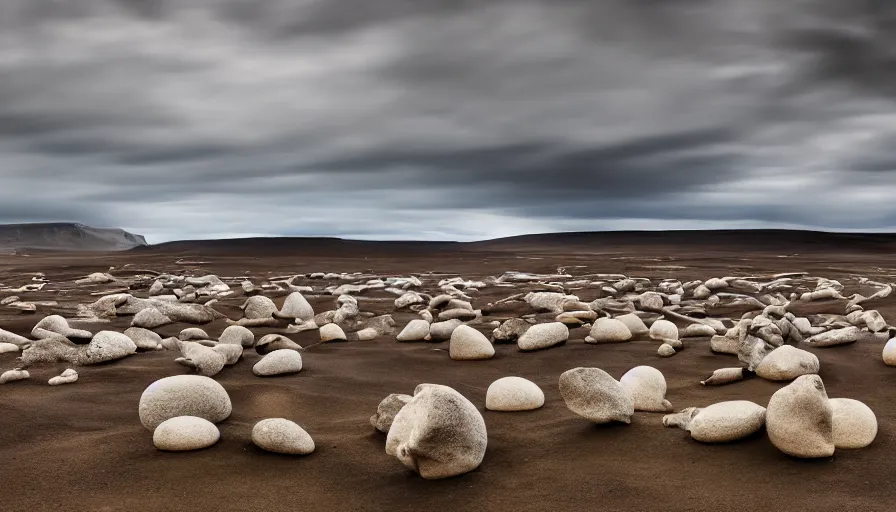 Prompt: a vast icelandic landscape, black sands and cream colored menhirs, cloudy sky, dust particles, cinematic lighting, behance hd, trending on artstation, national geographic photography, digital painting, matte painting