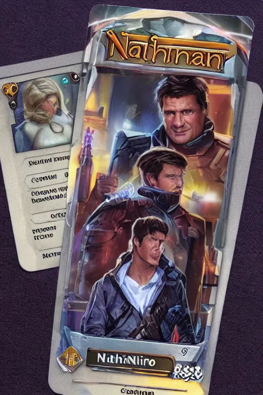 Prompt: card game of nathan fillion, full - view, futuristic, nft