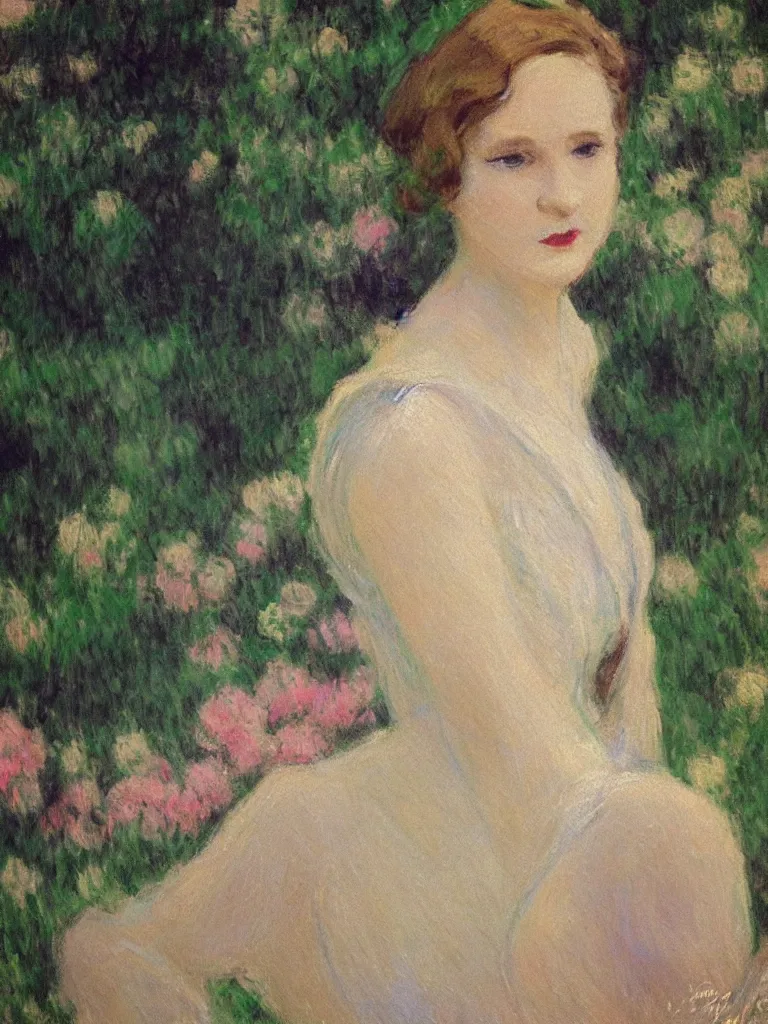 Image similar to portrait of < zelda fitzgerald > as a beautiful young lady wearing 1 9 2 0 s fashion, blurry face, brown hair, slim, fair, severe out of focus, depth of field, pleinairism, in the sun, backlit, closeup, oil on canvas, atr by monet, in the style of le promenade, smooth, impressionnisme, 8 k