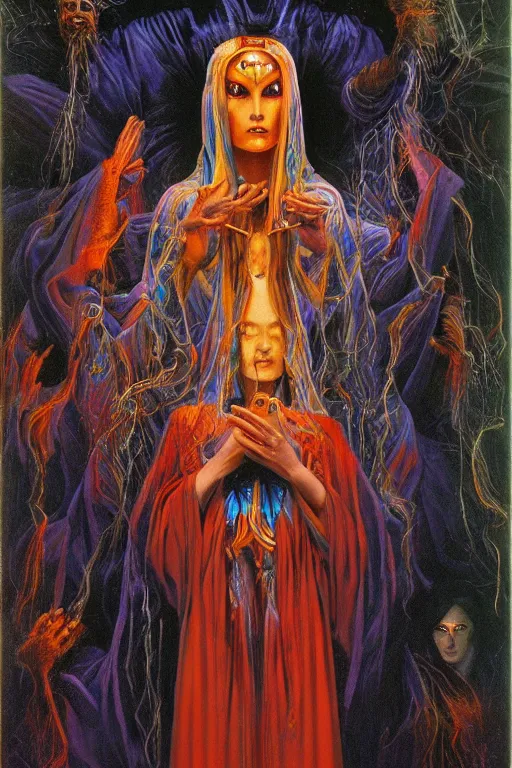 Prompt: gorgeous robed cult girl performing realism third eye ritual, dark theme night time, expanding energy into waves into the ethos, epic surrealism 8k oil painting, portrait, depth of field, perspective, high definition, post modernist layering, by Ernst Fuchs, Gerald Brom