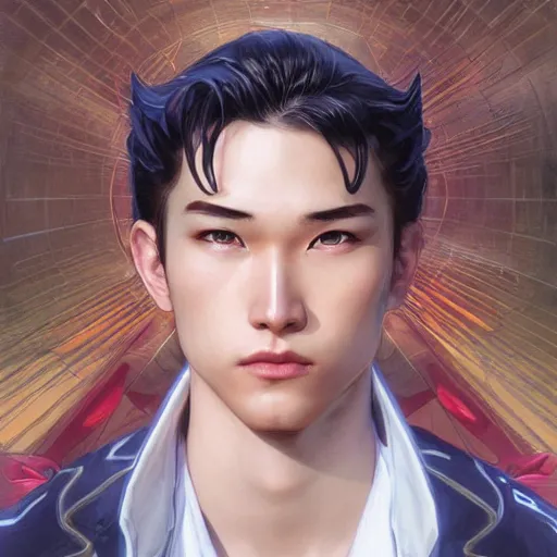 Prompt: character concept, wide angle, symmetrical head - on centralized, young man with japanese clothes. detailed, high quality, dynamic lightning, fantasy, scenematic. artwork by artgerm, wlop, alex ross, greg rutknowski, alphonse mucha