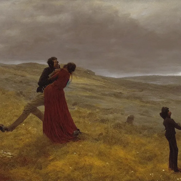 Image similar to adult dark - skinned man choking woman on the moorland, painting by caspar david friedrich