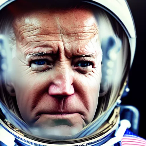 Image similar to A dramatic up close shot of Joe Biden staring into the camera as an astronaut, extremely detailed award winning photo, surreal