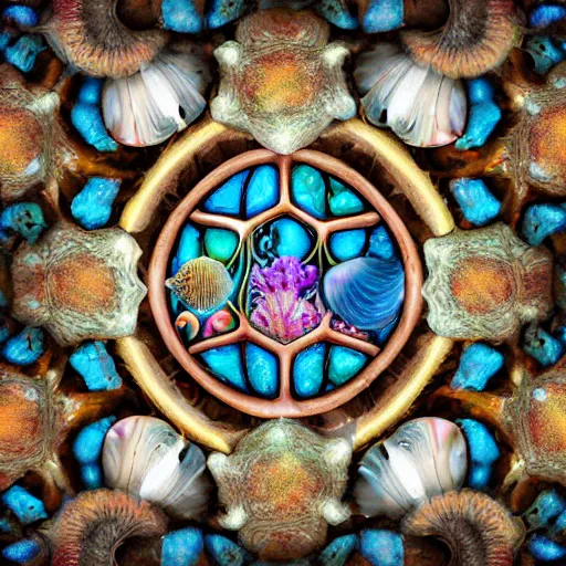 Prompt: underwater Corral Reef, seashells, ocean, Abstract, sacred geometry fungi, seahorse, high detail, photorealistic, surrealism, Flower of life