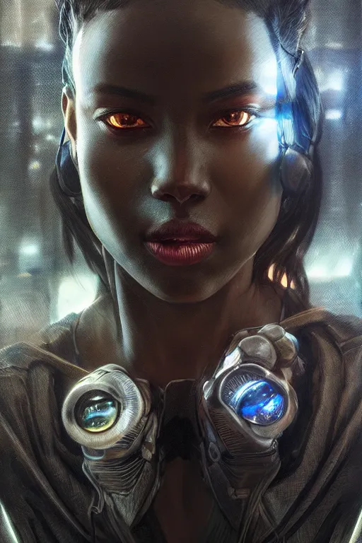 Image similar to ultra realistic illustration, dappled lighting, closeup portrait shot, black american, perfect lighting, hacknaut cyberpunk, sci - fi, fantasy, intricate, elegant, deviantart, highly detailed, digital painting, artstation, concept art, smooth, sharp focus, illustration, art by artgerm and greg rutkowski and alphonse mucha