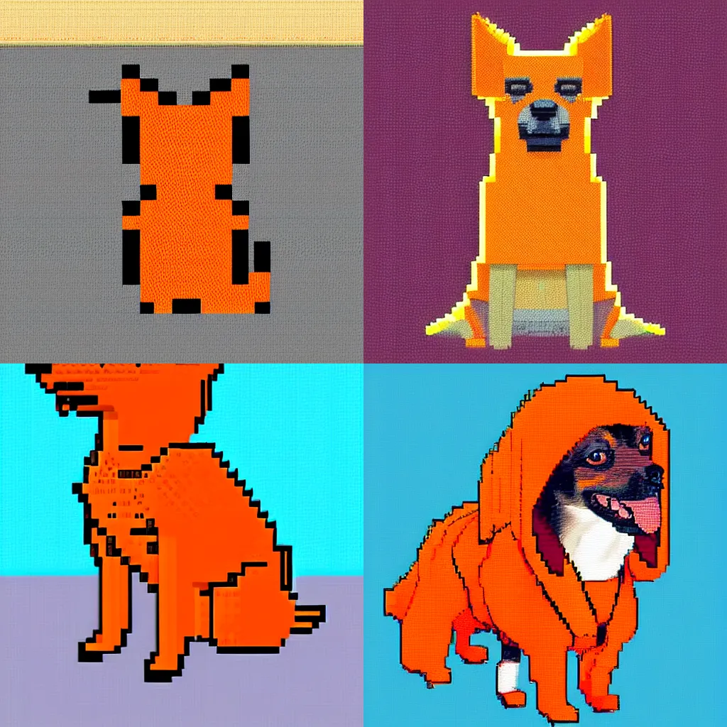 Prompt: a shhiba inu wearing an orange hoodie,pixel art