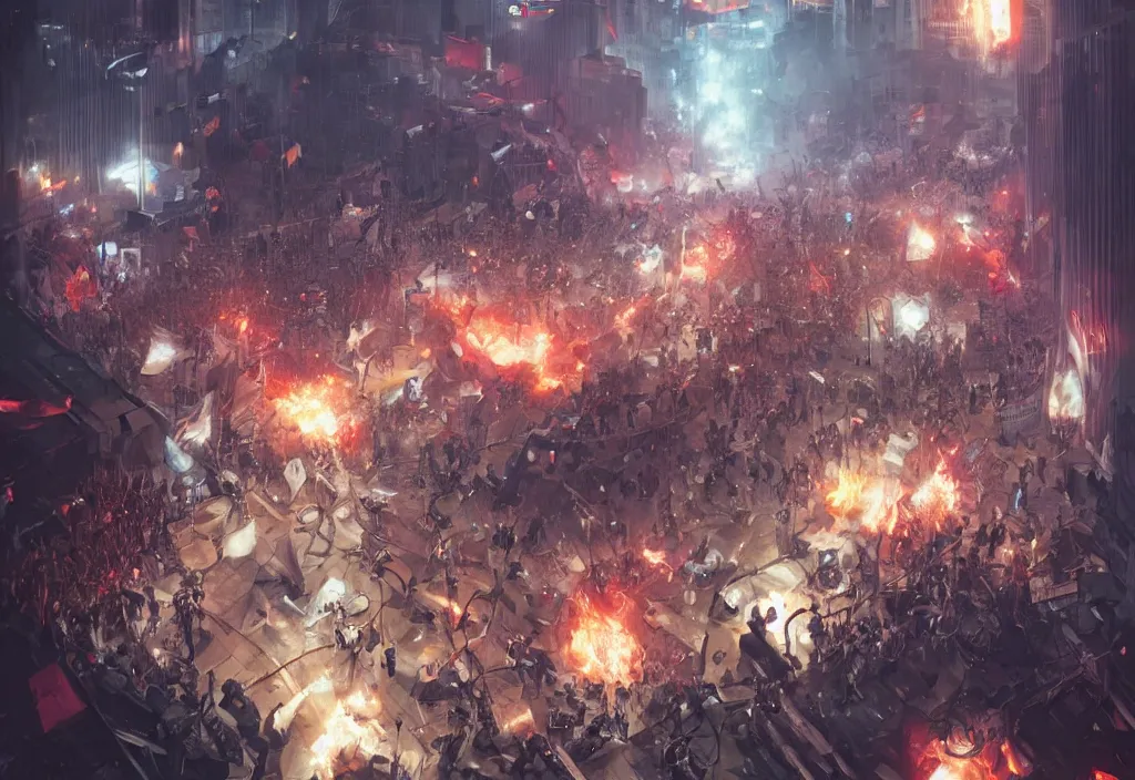 Prompt: angry protesters, detailed digital illustration by greg rutkowski, android netrunner
