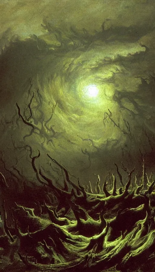 Image similar to a storm vortex made of many demonic eyes and teeth, by albert bierstadt,