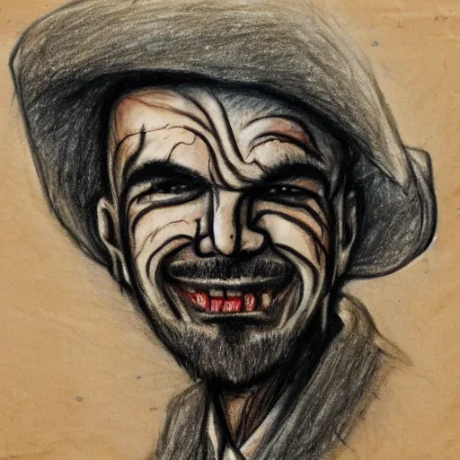 Prompt: a drawing made with charcoal and blood on a skin parchment showing an evil grinning billy bob Thornton.