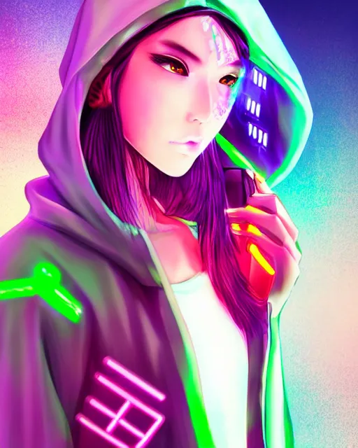 Image similar to a cyberpunk girl wearing neon hoodie, chrome, neon light, japan, perfect face, high detailed, realistic, preatty face, asian, long hair, cyberpunk, geisha, arcane style, 3 d mix with 2 d