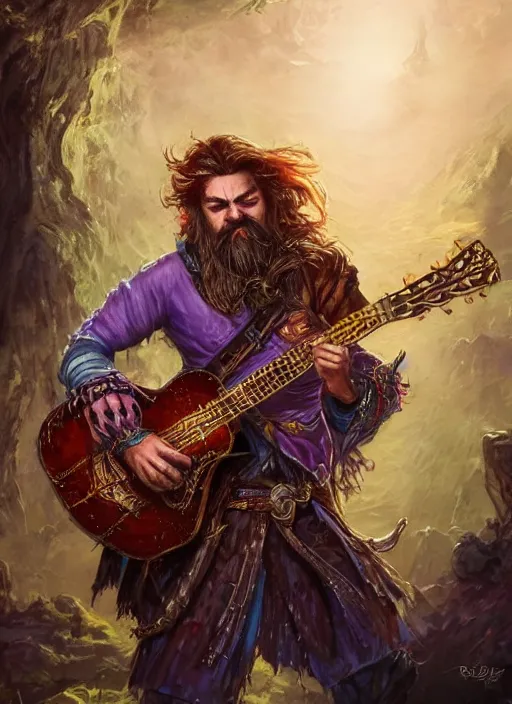 Image similar to bard holding a guitar, ultra detailed fantasy, dndbeyond, bright, colourful, realistic, dnd character portrait, full body, pathfinder, pinterest, art by ralph horsley, dnd, rpg, lotr game design fanart by concept art, behance hd, artstation, deviantart, hdr render in unreal engine 5