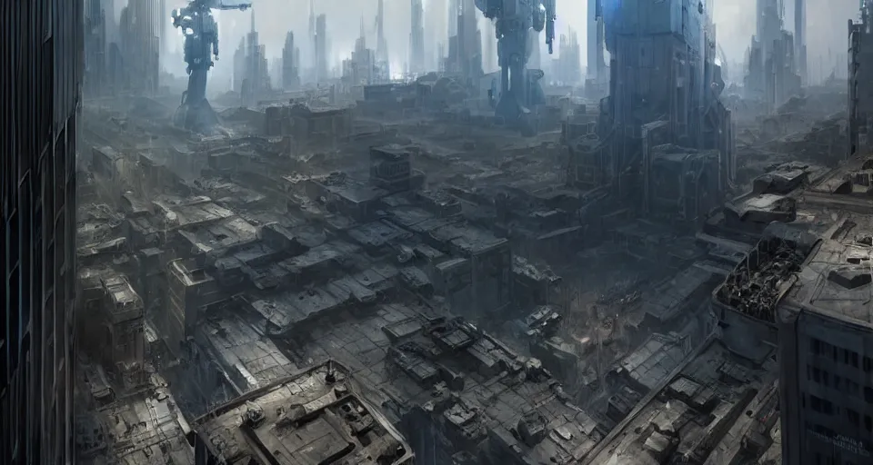 Image similar to hyper realistic sci - fi matte concept art painting of mecha standing on top of a building overlooking war in the streets, beautiful details, strong composition painted by kim jung guweta studio rutkowski, james gurney and greg rutkowski, and lucasfilm, smooth, intricate, detailed, sharp focus, cinematic