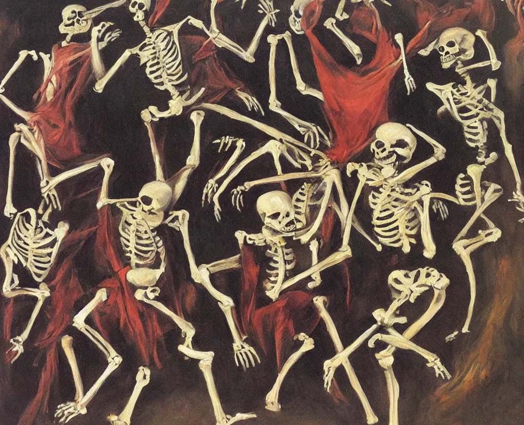Image similar to oil painting of skeletons dancing in a circle, witches sabbat, art by francis bacon
