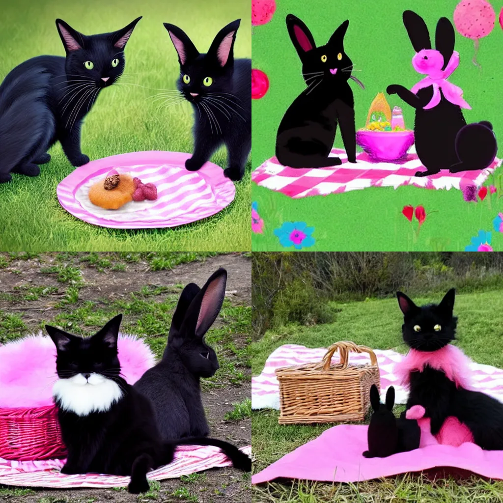 Prompt: a black cat and a bunny with pink colored fur are having a picnic