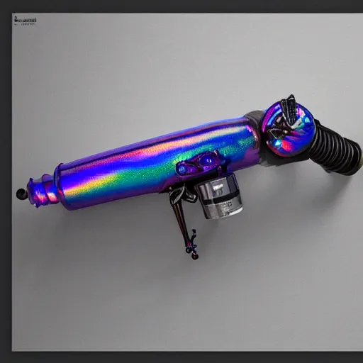 Image similar to unstable exotic matter powered raygun, well defined mechanical features, triadic chrome shading, iridescent liquid energy tank, dark background, softglow, sharp focus, full device, vintage style, charcoal and champagne