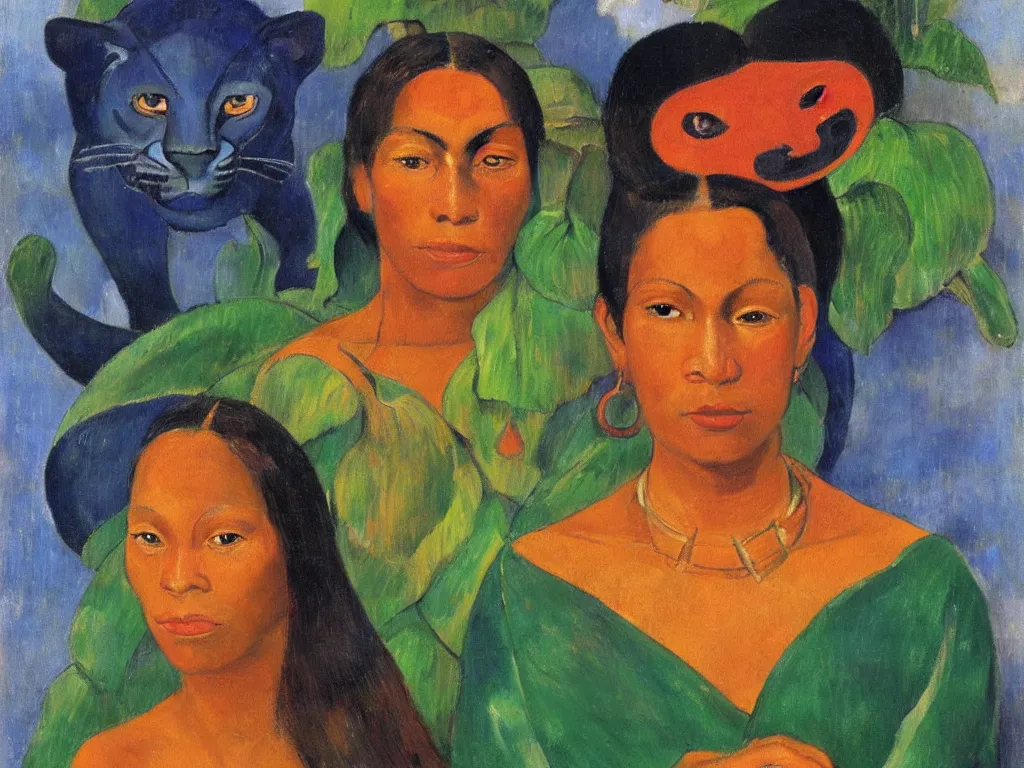 Prompt: Portrait of a Tahitian woman with panther. Lapis Lazuli, malachite, cinnabar. Painting by Gauguin, Agnes Pelton