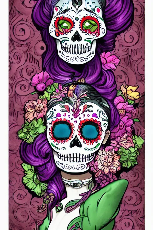 Prompt: illustration of a sugar skull day of the dead girl, art by todd nauck