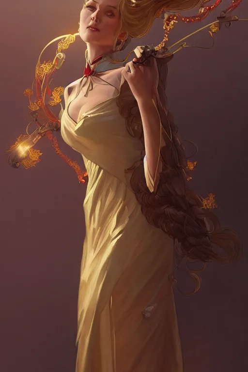 Image similar to a girl wearing a golden dress, grey hair, red necktie, cinematic, stunning, highly detailed, digital painting, artstation, smooth, hard focus, full body shot, illustration, art by artgerm and greg rutkowski and alphonse mucha