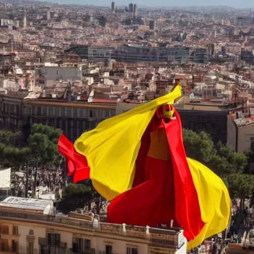 Image similar to santigo abascal flying over barcelona wearing a red and yellow cape