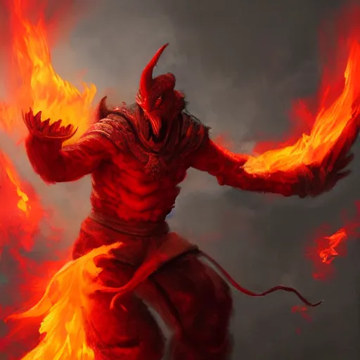 Image similar to A red Dragonborn monk, wearing a white robe, leaping through flames, dramatic lighting, cinematic, detailed oil painting, trending on artstation