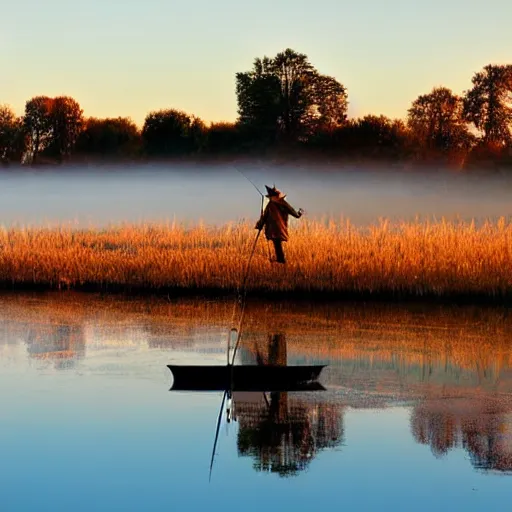 Prompt: scarecrow fishing off a house boat on a red river, dawn, birds in the air, misty, peaceful,