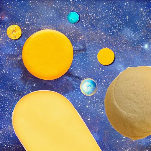 Prompt: solar system made of cheese. Photography.
