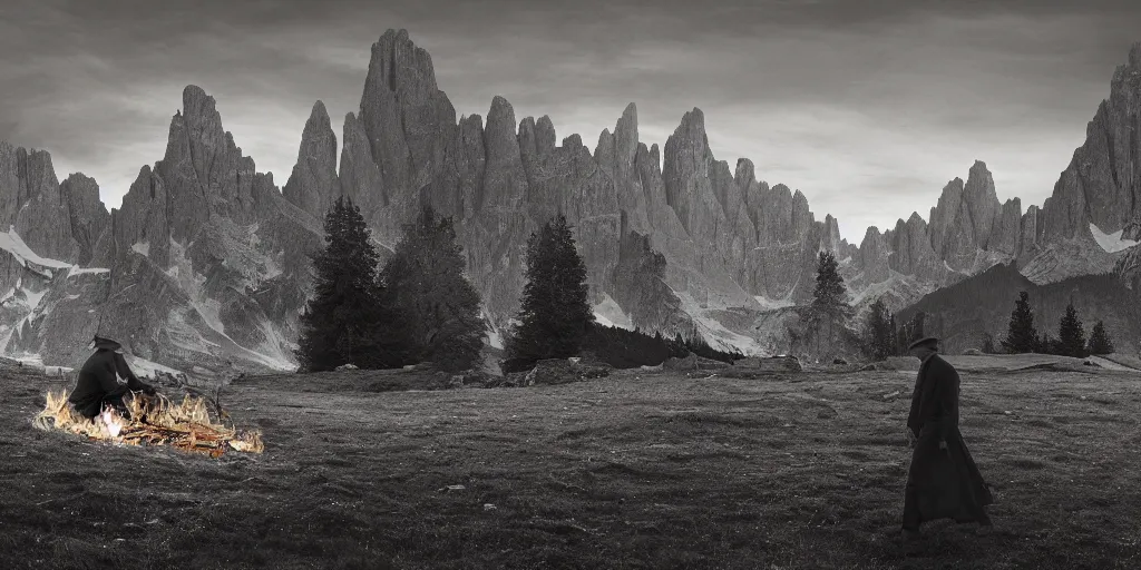 Image similar to 1920s photography of lonely wanderer, dolomites and huge bonfire in the background, occult signs, fire, alp, dolomites, alpine, detailed intricate insanely detailed octane render, 8k artistic 1920s photography, photorealistic, black and white, chiaroscuro, hd, by David Cronenberg, Raphael, Caravaggio