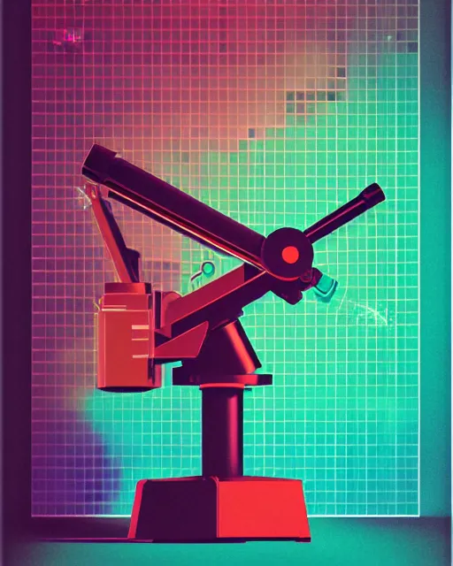 Image similar to ( ( strong dither ) ), editorial illustration scientific lab test tube telescope map microscope, colorful modern, mads berg, karolis strautniekas, christopher balaskas, fine texture, dynamic composition, detailed, matte print, dynamic perspective, halftone texture, muted color, lomography, risograph