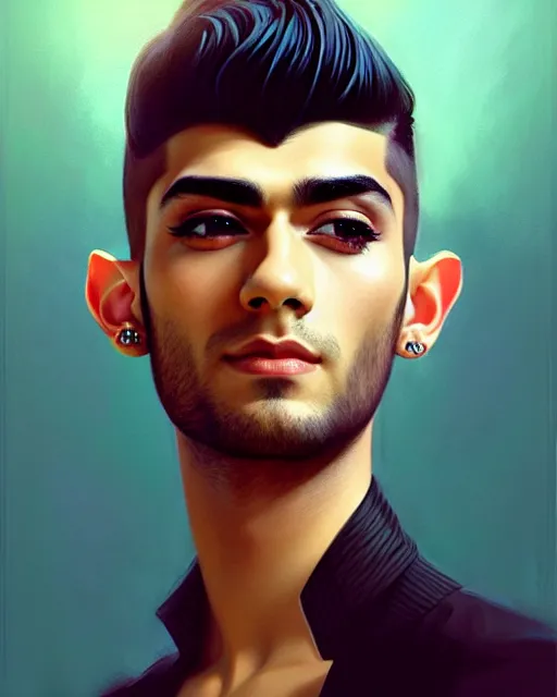 Image similar to stylized portrait formal pose, composition, zayn malik as an elf, pointy ears, realistic shaded, fine details, realistic shaded lighting poster by ilya kuvshinov, magali villeneuve, artgerm, jeremy lipkin and michael garmash and rob rey